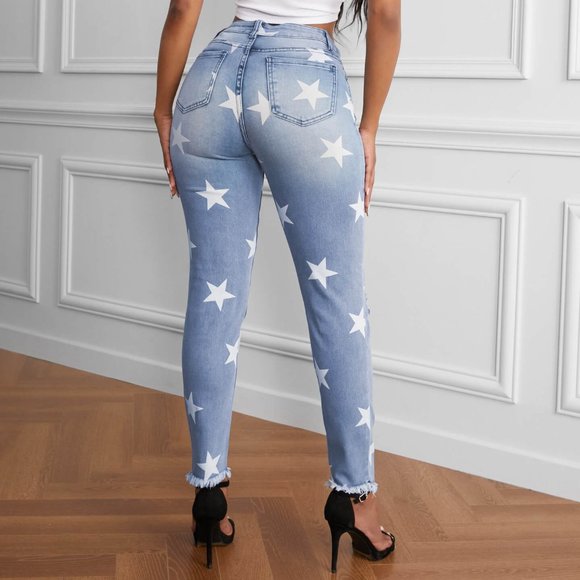Ripped Star Print Mid Waist Jeans - Picture 5 of 6